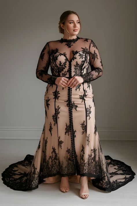 24 Unique Plus Size Wedding Dresses For Curvy Brides Unique Colorful Wedding Dresses, Art Deco Wedding Dress Plus Size, Plus Size Goth Wedding Dress, Wedding Dresses For Large Busted Women, Curvy Formal Dress, Black Wedding Dresses Plus Size, Plus Size Black Wedding Dress, Mid Size Bride, Vintage Plus Size Wedding Dresses