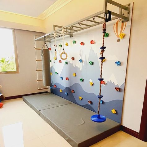 Indoor Zipline Home, Small Indoor Play Gym, Sensory Motor Room Ideas, Basement Gross Motor Room, Large Motor Playroom, Indoor Hammock For Kids, Home Gym With Kids Area, Gross Motor Room Indoor, Playroom In Garage Ideas