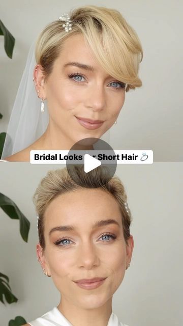 Which Bridal look would you wear down the aisle? @sexyhair and I teamed up to create two differ... Pixie Hair Wedding Styles Bridesmaid, Pixie Hair Bridesmaid, Bride With Pixie Haircut, Pixie Bride Hair, Pixie Bridal Hairstyles, Bridal Pixie Hair, Pixie Bridal Hair, Wedding Dress Short Hair, Pixie Cut Bride