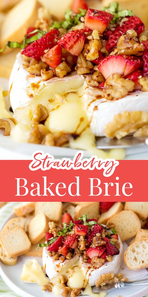 The easiest spring appetizer, LOVE this strawberry baked brie! Brie Cheese Recipes Strawberry, Brie And Strawberry Appetizer, Spring Brie Appetizer, Strawberry Brie Appetizer, Spring Baked Brie, Strawberry Balsamic Baked Brie, Easter Brie Appetizer, Strawberry Appetizer Recipes, Strawberry Baked Brie