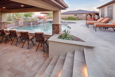 Luxury Backyard Living! Walk In Pool Ideas, Home Swim Up Pool Bar, Swim Up Bar Pool Ideas, Swimup Bar Swimming Pools, Pool And Bar Ideas, Swim Up Pool Bar Ideas Backyard, Bar Pool Ideas, Pools With Swim Up Bars, Walk In Pools Backyard