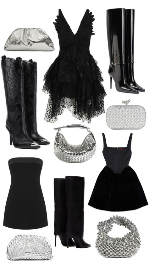 Black and silver Outfit Inspo Night Out, mini black dress, silver bottega veneta bags, high knee black boots Black And Silver Outfit, Black And Silver Outfits, Knee Black Boots, Silver Outfit, Silver Outfits, Silver Bags, Bottega Jodie, Zimmermann Dress, Dress Silver