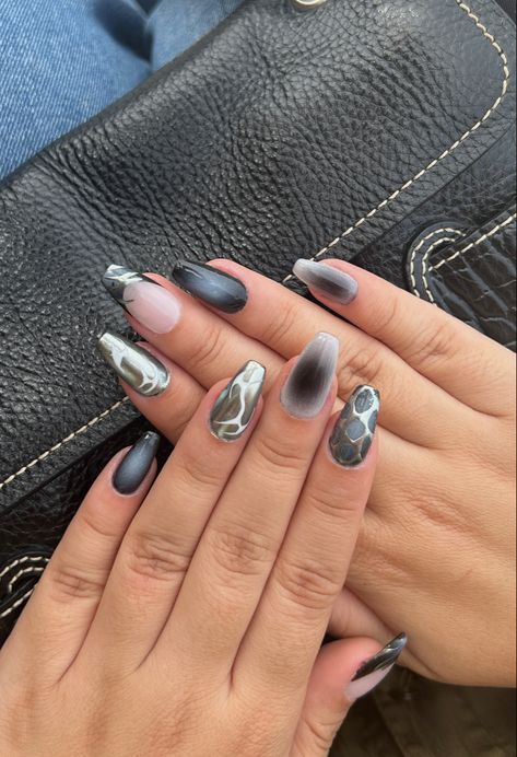 inspo ask4nails on instagram ; black airbrush halloween nails with chrome design Black With White Chrome Nails, Black White And Chrome Nails, Black And Silver Chrome Nails Designs, Black And White Chrome Nails, Silver Chrome Halloween Nails, Black Nails With Purple Chrome, Acrylic Nails Coffin, Chrome Nails, Mani Pedi