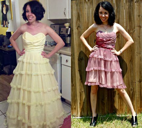 From Soft Yellow to Flirty Fuschia #wedding #diy Wedding Dress Makeover, Diy Dress Makeover, Dress Makeover, Dress Upcycle, Diy Prom, Thrift Store Outfits, Diy Wedding Dress, Wearables Design, Old Dresses