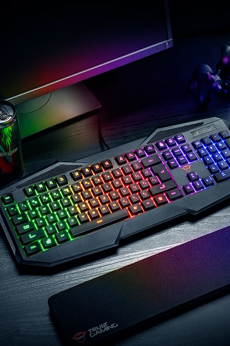 Gaming keyboard with full size layout, Rainbow Wave illumination and 12 multimedia keys Rainbow Keyboard, Gamer Keyboard, Best Gaming Setup, Keyboard Gaming, Computer Gaming Room, Video Game Room Design, Best Gaming Wallpapers, Video Game Rooms, New Technology Gadgets