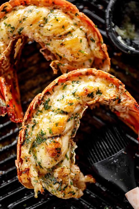 Easy Grilled Lobster Tails with garlic butter - Cafe Delites Grill Lobster Tail Recipe, Grilled Lobster Tail, Lobster Dishes, Lobster Recipes Tail, Grilled Lobster, Cafe Delites, Lobster Recipes, Grilled Seafood, Lobster Tails