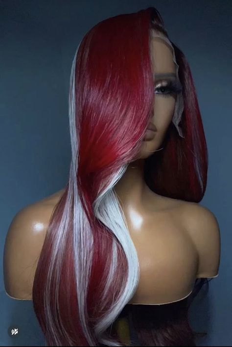 Red And White Lace Front Wig, Christmas Wigs Black Women, Red And White Hair Black Women, Black And White Lace Front Wig, Rockstar Wig Hairstyles, Black And White Wig Black Women, Burgundy And White Hair, Red And White Hair Color, Red And Platinum Hair