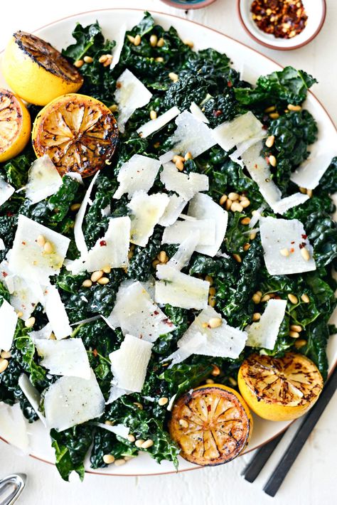 Charred Lemon and Tuscan Kale Salad l SimplyScratch.com #tuscan #kale #charred #lemon #pecorino #pinenuts Tuscan Kale Salad Recipes, Charred Kale Salad, Charred Lemon, Dino Kale, Dino Kale Salad, Tuscan Kale Recipe, Dino Kale Recipes, Lacinato Kale Salad, Light Salads