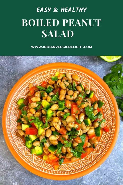 This Peanut vegetable salad is a healthy and nutritious Indian-style salad recipe made with boiled peanuts (groundnuts), raw vegetables, lemon, and few spices. You can serve Boiled Peanut Chaat salad with a hot cup of tea or coffee. Vegan, Low Carb, and Keto Friendly. Peanut Chaat Recipe, Peanut Chaat, Veg Salad Recipes, Indian Fast Food, Vegan Low Carb, Indian Salads, Peanut Salad, Boiled Peanuts, Boiled Vegetables