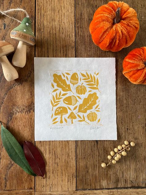 Original 'autumn' Lino Print Prints Home & Living - Etsy Canada Autumn Lino Print, Christmas Linocut, Linocut Ideas, Wall Art Fall, Lino Cuts, Linoleum Print, Linocut Printmaking, Stamp Carving, Lino Cut