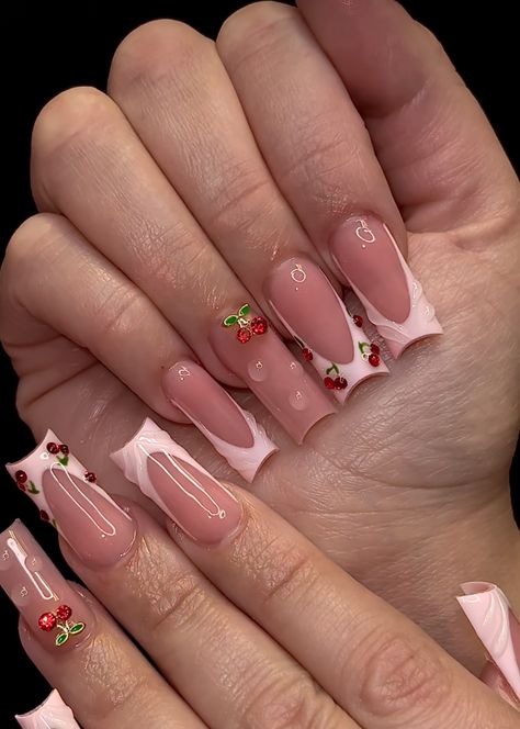 Barro Inspired Nails, Fall French Tip Acrylic Nails, Strawberry Nails Square, Acrylic Nails Strawberry, Strawberry French Tip Nails, Strawberry Pink Nails, Small Square Nails, Trendy Square Nails, Nails Strawberry