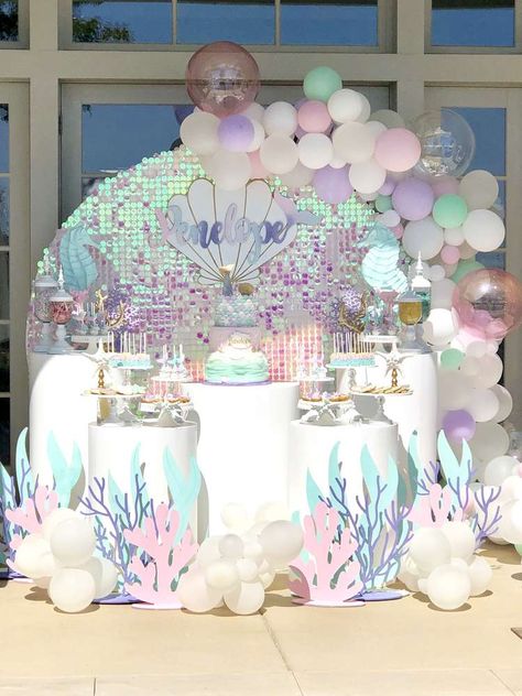 Mermaid Birthday Party Ideas | Photo 2 of 9 Sea Themed Birthday Party, Mermaid Party Games, Mermaid Party Food, Mermaid Birthday Party Ideas, Mermaid Birthday Party Decorations, Mermaid Theme Birthday Party, Mermaid Party Decorations, Mermaid Theme Party, Sea Birthday Party