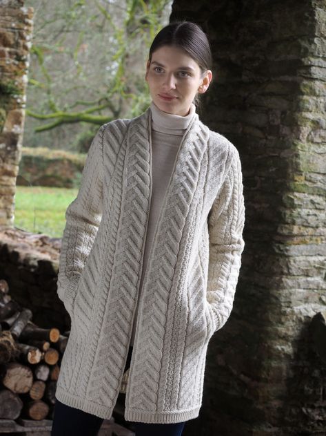 Ladies Aran Knitwear by Natallia Kulikouskaya at Coroflot.com Knitted Coat Pattern, Cabled Cardigan, Irish Knitwear, Irish Clothing, Aran Cardigan, Aran Knitting Patterns, Long Sweater Coat, Aran Sweater, Long Coat Women