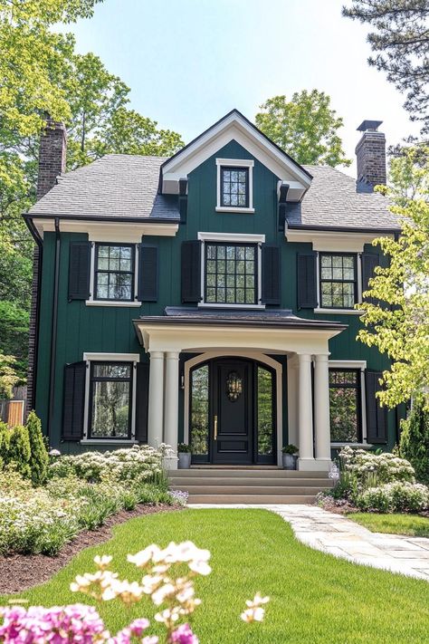 Countryside two story house painted forest green modern shutter windows modern doors front garden with blooming flowers. The whimsical allure of countryside houses makes these charming abodes more than just a roof and four walls amidst the rolling hills and chattering wildlife. Green House Black Door, Green Colored House, Shutter Windows, Modern Shutters, Windows Modern, Green House Exterior, Painted Forest, Cottage Houses, Modern Doors