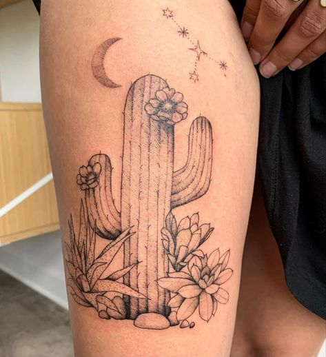 Cactus And Boots Tattoo, Cactus And Wildflower Tattoo, Flower And Cactus Tattoo, Cactus And Hummingbird Tattoo, Cactus Tattoo Thigh, Western Tattoos Cactus, Boho Cactus Tattoo, Succulent And Flower Tattoo, Delicate Cactus Tattoo