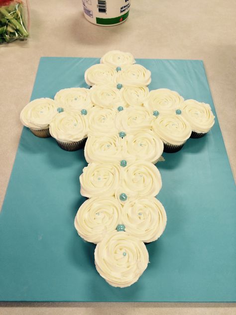 Cross cupcake cake for baby boy baptism  (see note for recipes and details) Baptism Cake Boy, Baptism Cupcakes, Confirmation Party, Baby Boy Birthday Cake, Cross Cakes, First Communion Party, Christening Party, Baby Boy Baptism, Communion Cakes