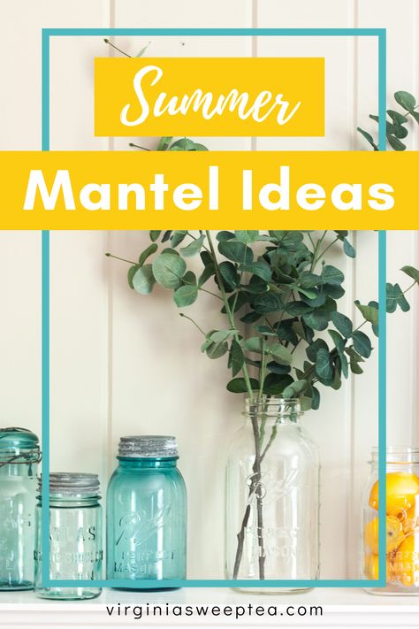 Summer Mantel Ideas - Get summer mantel decorating ideas from a talented group of home decor bloggers. #summermantel #summerdecoratingicdeas via @spaula Mantle Decor Under Tv, Summer Mantel Decorating Ideas, Mantel Decorating Ideas, Summer Mantel, Blue Candle Holders, Mantel Decorating, Mantel Ideas, Pinterest Challenge, Fireplace Mantle Decor