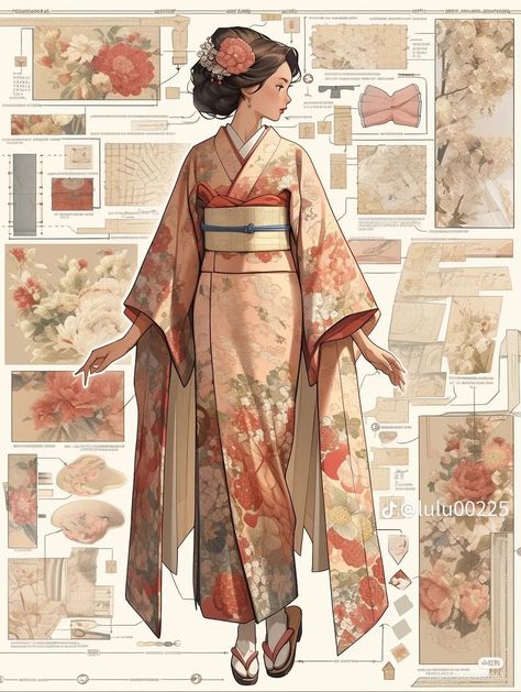 Woman In Kimono Drawing, Kimono Art Design, Kimono Aesthetic Traditional, Japanese Clothes Drawing, How To Draw Kimono, Japanese Kimono Drawing, Japanese Fantasy Clothes, Kimono Design Drawing, Anime Kimono Outfit