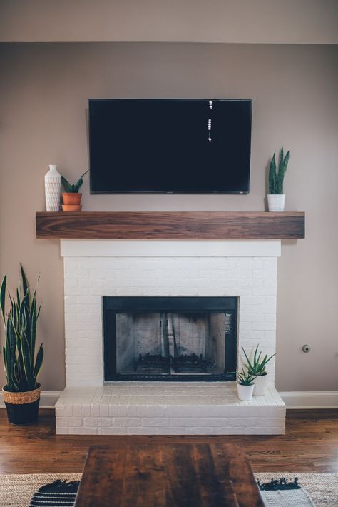 Fireplace Remodel Diy, Walnut Mantel, Mantel Diy, Fireplace Modern, White Brick Fireplace, Simple Paint, Diy Mantel, Simple Paintings, Diy Fireplace Makeover