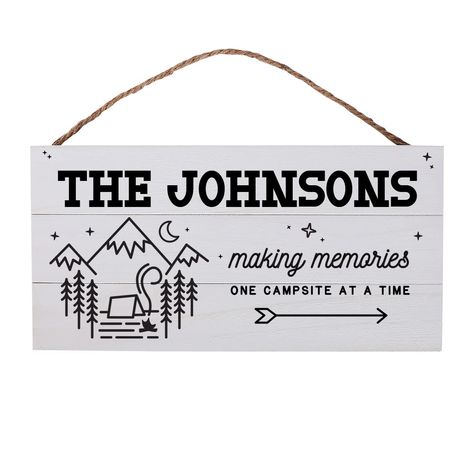 PRICES MAY VARY. CUSTOM NAME: Add your family name to the camping sign! Simply click the Customize Now button to add your name and see your design live. QUALITY SIGN: Our 13.75 x 7 inch sign is expertly crafted from solid wood, simple black and white line art aesthetic DECOR: You can edit the Name line of the sign to read anything you like. Decorate your family room, camper, or RV with this rustic sign. EASY TO INSTALL: Rustic jute rope is easy to hang on a sturdy nail or wall hook. Interior des Campsite Decor, Funny Camping Signs, Camping Signs Personalized, Camper Signs, Black And White Line Art, Wooden Plank, Cabin Signs, White Line Art, Camping Signs