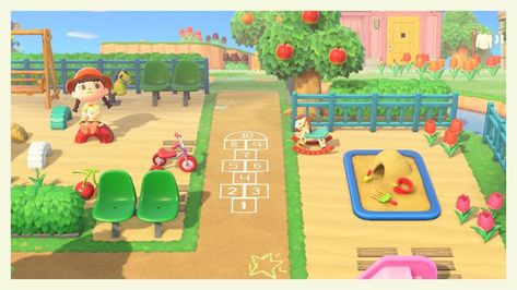 Playground Ideas Animal Crossing, Animal Crossing Playground Design, Acnh Playground Codes, Park Ideas Animal Crossing, Animal Crossing Playground Ideas, Acnh Park Design Ideas, Animal Crossing Playground, Acnh Playground Idea, Animal Crossing Park