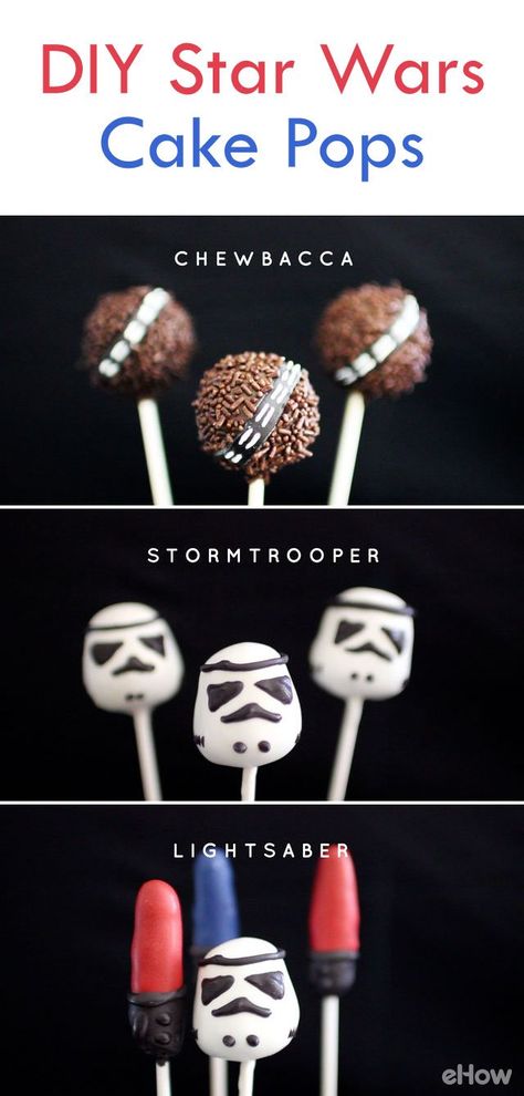 Star Wars Cake Pops are so easy to make and perfect for any Star Wars themed party! Those chewbacca, stormtropper and lightsaber cake pops are really easy to mold and decorate yourself, we promise! Star Wars Baking Ideas, Nerdy Snacks, Star Wars Cake Pops Easy, Easy Star Wars Cake, Star Wars Cakepops, Lightsaber Cake, Star Wars Desserts, Star Wars Cake Diy, Yoda Cake Pops