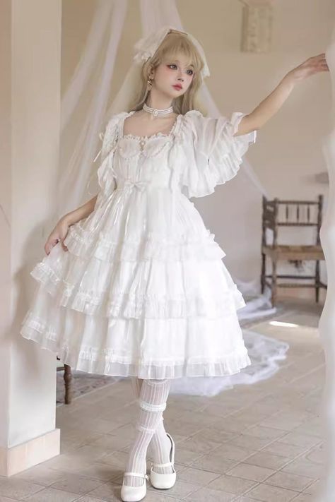 Fabric: Cotton Color: White Feature: Multi-layer, Ruffle, Bowknot Style: Sweet, Elegant, Princess Include: Dress*1 (Any of the accessory is not included.) Size Angelic Outfits, Kawaii Outfit Ideas, Kawaii Outfit, Halloween Princess, White Ruffle Dress, Ice Dresses, Punk Dress, Lolita Outfits, Angel Outfit