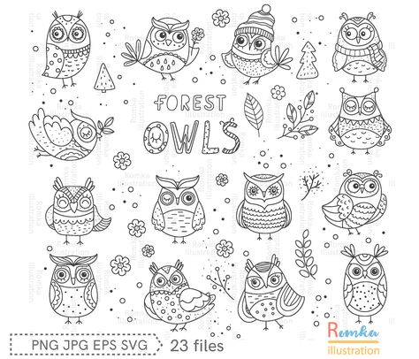 Two Christmas Trees, Owl Doodle, Owl Outline, Branches With Leaves, Art Outline, Owl Drawing, Owl Clip Art, Portraits Drawing, Line Doodles