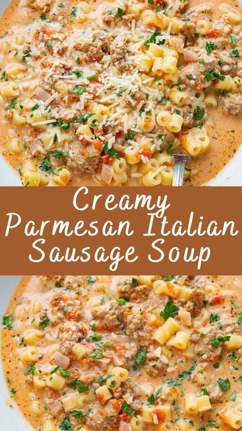 Creamy Parmesan Italian Sausage Soup Recipe | Cheff Recipes Sausage Soup Recipes, Italian Sausage Soup, Creamy Parmesan, Sausage Soup, Comfort Dishes, Easy Soups, Easy Soup Recipes, Hearty Soups, Italian Sausage