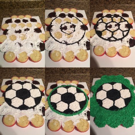 Soccer Ball Pull Apart Cupcakes, Soccer Desert Ideas, Sports Themed Cupcake Cake, Pull Apart Soccer Cupcake Cake, Soccer Ball Cupcake Cake, Soccer Birthday Cupcakes, Soccer Theme Cupcakes, Soccer Ball Cupcakes, Soccer Cupcake Ideas