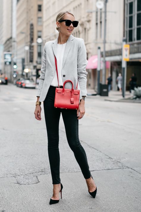 The perfect Grey blazer   Lauren B Montana Designer Red Shoulder Bag For Business, Red Handbag Outfit Street Style, Red Bag Fall Outfit, Red Clutch For Everyday Use, Grey Blazer Outfit Women, Chic Red Bag For Everyday Use, Grey Blazer Women, Grey Blazer Outfit, Light Grey Blazer