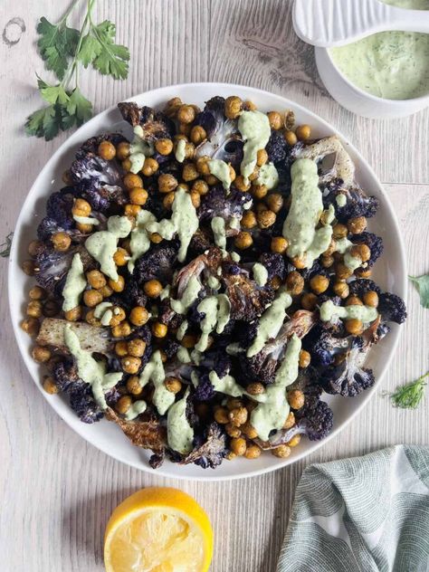 Roasted Purple Cauliflower with Crispy Chickpeas and Lemon Herb Tahini - Big Delicious Life Purple Cauliflower Recipe, Heart Healthy Recipes Low Sodium, Purple Cauliflower, Vegan Main Course, Healthy Side Dish, Meatless Main Dishes, Crispy Chickpeas, Za Atar, Lemon Herb