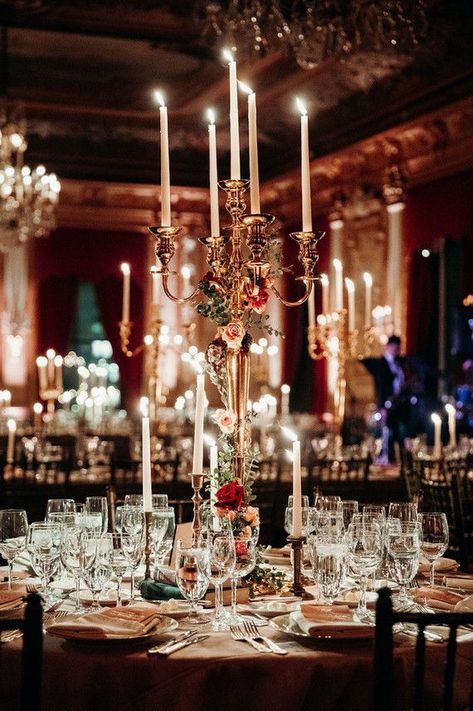 Elegant New York City winter wedding at The Metropolitan Club Great Gatsby Fall Wedding, Opera Wedding, City Winter Wedding, Great Gatsby Wedding Table Setting, New York Wedding Aesthetic, Gold Winter Wedding Centerpieces, Winter Wedding Ballroom Decor, Great Gatsby Wedding Florals, Candlelit Wedding Reception