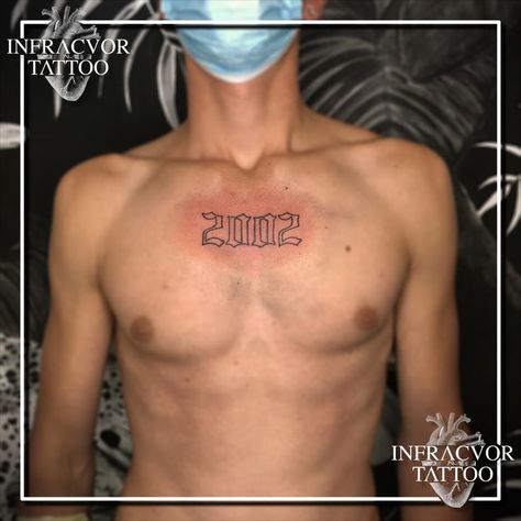 I tattooed the year of birth of this boy on my chest. The style is Gothic. You can see the difference between characters filled with black and left blank. #gothicfont #gothic #2002 Gothic Font Year Tattoo, 2002 Tattoo Font, Gothic Number Tattoo, Year Of Birth Tattoo, 2002 Tattoo Ideas, Tattoo Numero, Year Tattoo Number, 2002 Tattoo, Birth Tattoo