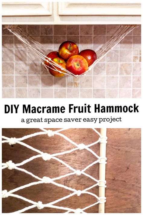 Make an under the cabinet macrame hammock for fruits and vegetables to save space and to have a sheltered spot away from the sun for your produce. Diy Produce Hammock, Vegetable Hammock Diy, Macrame Under Cabinet Fruit Hammock, Vegetable Holder For Kitchen, Macrame Produce Hammock, Crochet Produce Hammock, Using Yarn For Macrame, Diy Fruit Hammock, Macrame Fruit Hammock Diy