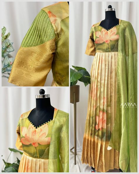 Customised tissue kota gown with crushed tissue dupatta. We did the yoke with high neck and sleeves with a pleated detail. #designergown #floraldesign #floralprintedgown #floralgown #ethnicgown #aarraabyumaanand #coimbatoreboutique #designerboutique #chennaishopping #hyderabadfashion Tissue Anarkali Dress, Tissue Gown, Tissue Dupatta, Long Gown Design, Ethnic Gown, Anarkali Dresses, Anarkali Dress Pattern, Simple Gowns, Long Dress Design