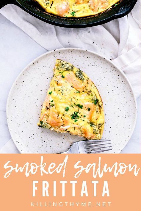 This creamy and fluffy smoked salmon frittata is packed with flavor and perfect for Sunday brunch—whether you're keeping it lazy or entertaining! #smokedsalmon #frittata #eggs #bruchrecipes #brunch Smoked Salmon Eggs, Smoked Salmon Quiche, Salmon Frittata, Lox Bagel, Smoked Salmon Frittata, Smoked Salmon And Eggs, Lox And Bagels, Thyme Recipes, Salmon Eggs