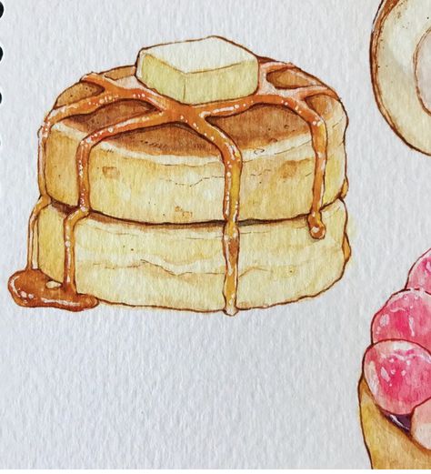 Cute Food Paintings, Food Drawing Reference, Cake Drawing Aesthetic, Watercolor Art Food, Food Drawing Sketches, Drawings Of Food, Food Watercolor Illustration, Pancake Drawing, Cake Sketch