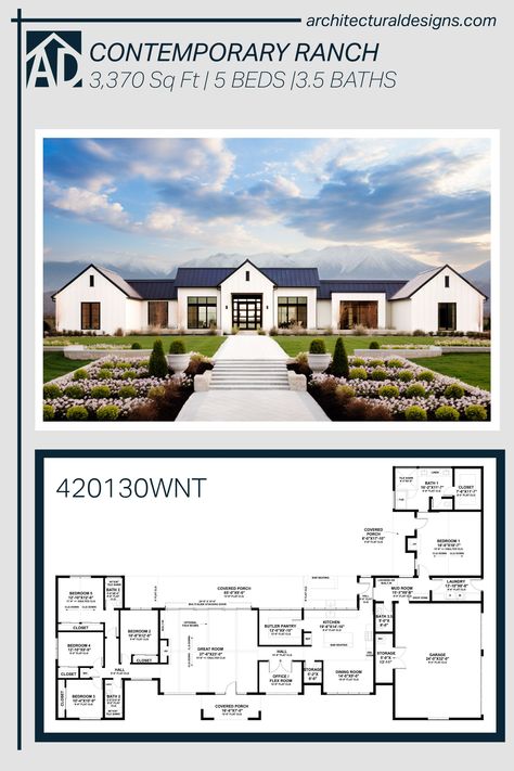 Contemporary Ranch House Plan 420130WNT gives you 3370 square feet of living space with 5 bedrooms and 3.5 baths House Plans Around 2000 Sq Ft, 7 Bedroom House Plans 1 Story, H Floor Plan, 6 Bedroom One Story Floor Plans, House Design Plans One Floor 4 Bedrooms, Midwest House Plans, 4 Bedroom House Plans Open Floor Jack And Jill, 8 Bedrooms House Plans, New House Construction Checklist