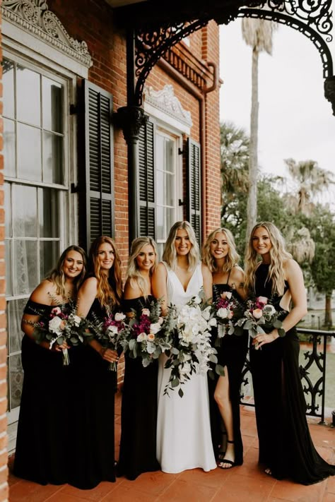 Black Bridal Party Color Schemes, Wedding Colors For November, Black And White Bridal Party, April Wedding Colors, November Wedding Colors, Bridesmaids In Black, White Black Wedding, Emily Brooks, Bridal Party Color Schemes