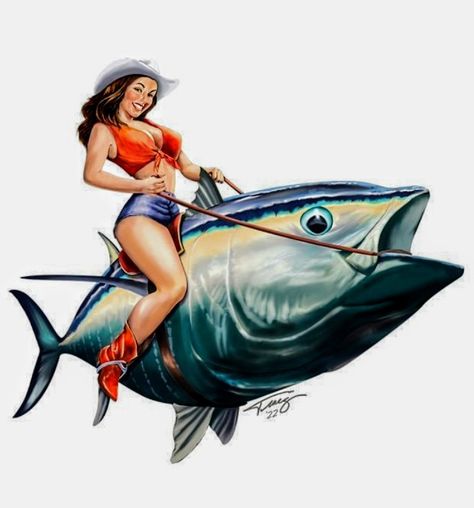 Fishing Pinup, Sea Creatures Art, Pin Up Drawings, Pin Up Illustration, Bluefin Tuna, Streetwear Ideas, Fish Drawings, Cowboy Art, Murals Street Art