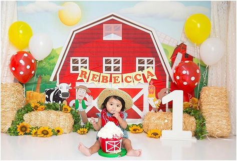 Farmer Cake smash girl. First Birthday farm theme Barn Backdrop, Barnyard Theme, Barnyard Birthday Party, Farm Theme Birthday, Farm Animals Birthday Party, Farm Themed Birthday Party, Farm Cake, Barnyard Party, Barnyard Birthday