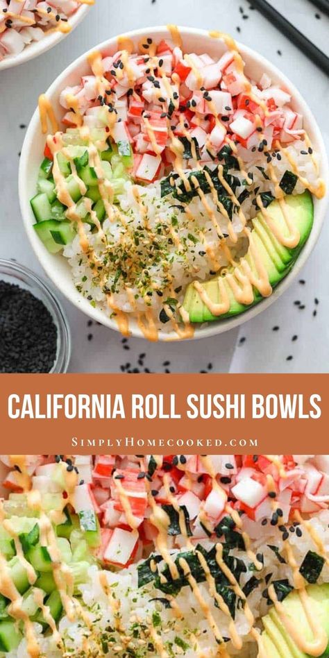 California Roll Stack Recipe, California Roll Poke Bowl, Lazy California Roll, Crunchy Roll Bowl, Cali Roll Bowl, Cold Sushi Bowl, California Roll Bowl Easy, Yum Yum Roll Sushi, Simple Sushi Bowl