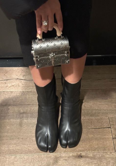 Tabi Boots Outfit, Tabi Boots, Silver Monogram, Silver Bags, Trunk Bag, Luxury Purses, Boots Outfit, Style Board, Cloth Bags