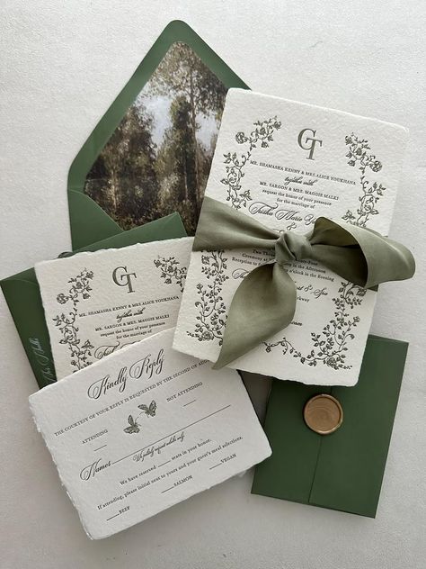 Green Handmade Paper Letterpress Invitations_deposit - Etsy Wedding Invitation Suite Ribbon, Wedding Invites Greenery, Elegant Timeless Wedding Invitations, Green Wedding Invitation Suite, Wedding Invitation Greenery, Lotr Wedding Invitations, Sage Green Wedding Invites, Green Wedding Cards, Wedding Invitation Sage Green