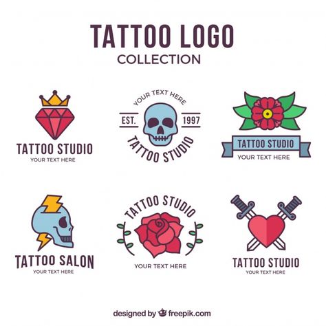 Colorful flat design tattoo logo collection Free Vector Tattoo Logo Design Ideas, Flash Logo Tattoo, Tattoo Artist Logo Design, Tattoo Brand Flash, Dark Star Tattoo, Tattoo Studio Design, Coffee Shop Logo Design, Logos Vintage, Cake Logo Design