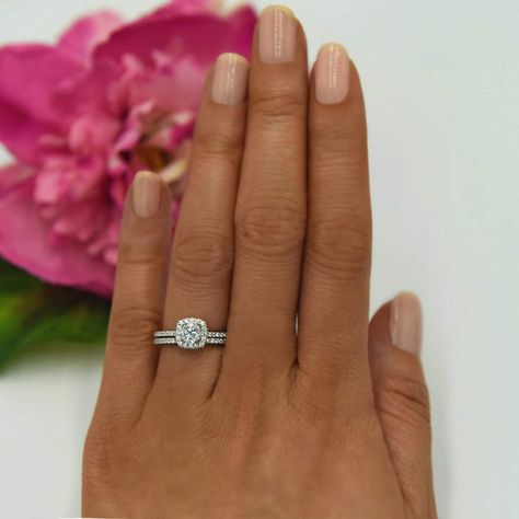 Etsy 3/4 ctw Classic Square Halo Bridal Set, Round Engagement Ring, Man Made Diamond Simulant, Half Etern Pink Wedding Rings, Square Engagement Rings, Round Engagement Ring, Ring Man, Future Engagement Rings, Half Eternity Wedding Band, Classic Wedding Rings, Round Engagement Rings, Wedding Rings Halo