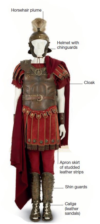 Roman soldier Wearing a leather cuirass, this reconstructed legionary has a metal helmet and shinguards to protect him in battle. His wool cloak was also a blanket. Roman Army Soldiers, Ancient Rome Armor, Roman Soldiers Costume, Roman Leather Armor, Roman Soldier Shield Diy, Roman Soldier Painting, Julius Caesar Costume Diy, Ancient Roman Armor, Roman Soldier Costume Woman