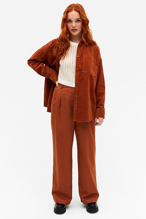 Dark orange corduroy shirt - Dark orange - Monki GB Dark Orange Outfit, Orange Shirt Outfit, Dark Green Shirt, Orange Outfit, Corduroy Shirt, Orange Shirt, Tie Front Blouse, Striped Long Sleeve Shirt, Dark Orange