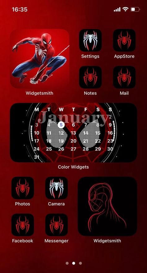 Home Screen Layout Iphone Spiderman, Spider Man Home Screen Ideas, Ios 16 Home Screen Ideas Spiderman, Marvel Ios 16, Spiderman Iphone Layout, Marvel Widgets Iphone, Marvel Phone Theme, Spider Man Themed Phone, Spider Man Homescreen Layout